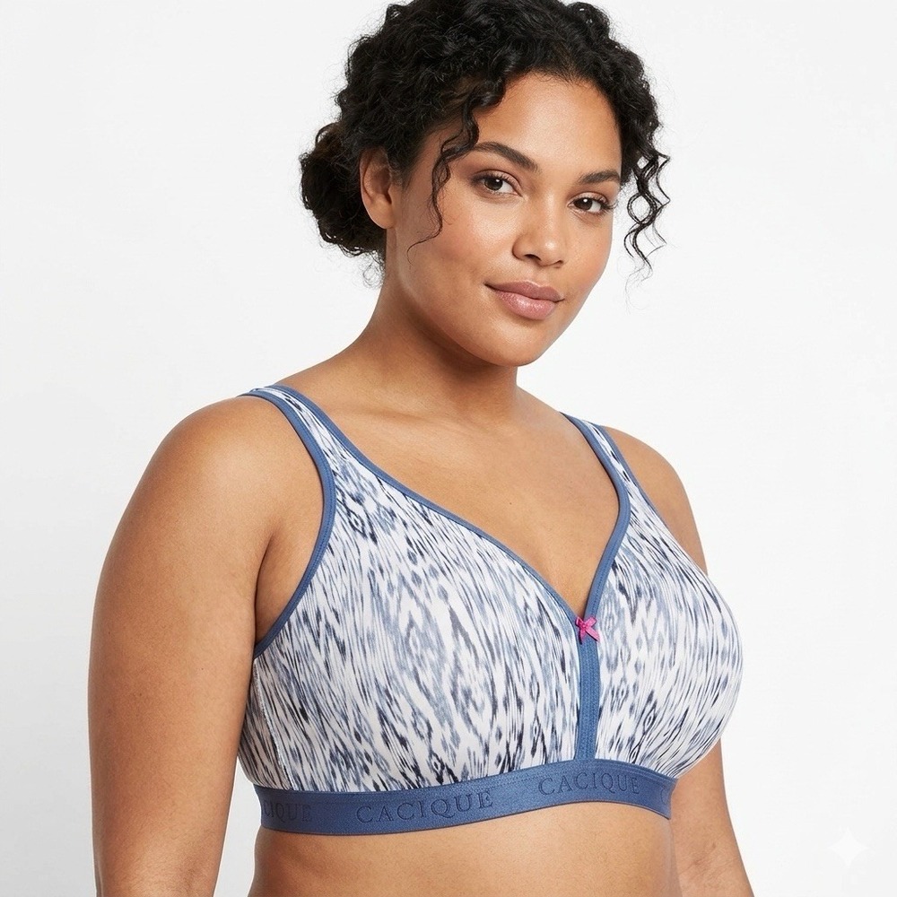 Cacique‎ Lightly Lined No Wire Bra Size 44DDD Blue White Print Adjustable Strap
